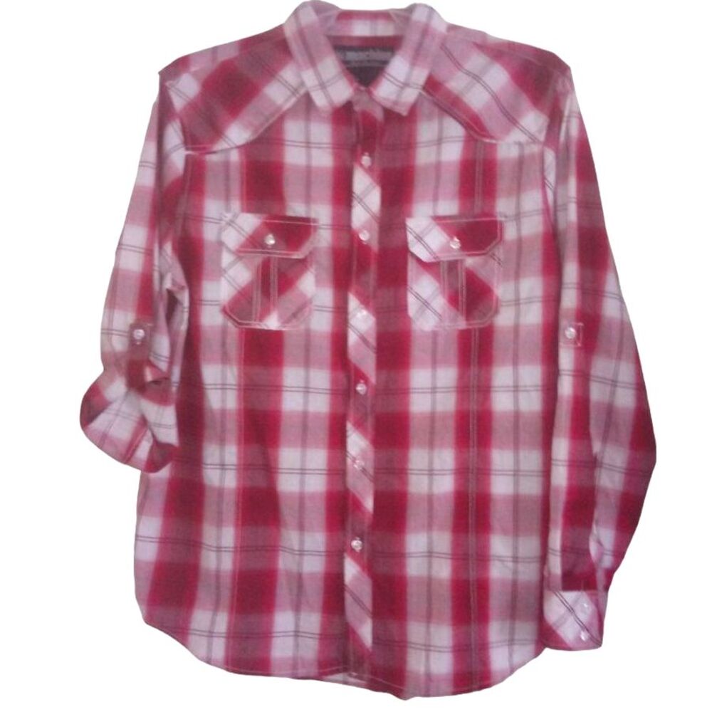 Machine men’s x‑large red white plaid long sleeve button shirt